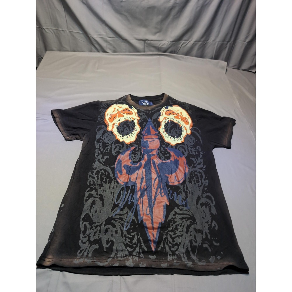 Vigo Shirt Mens XL‎ Black Graphic Skull Fleur De Lis Tattoo Style Tee Streetwear